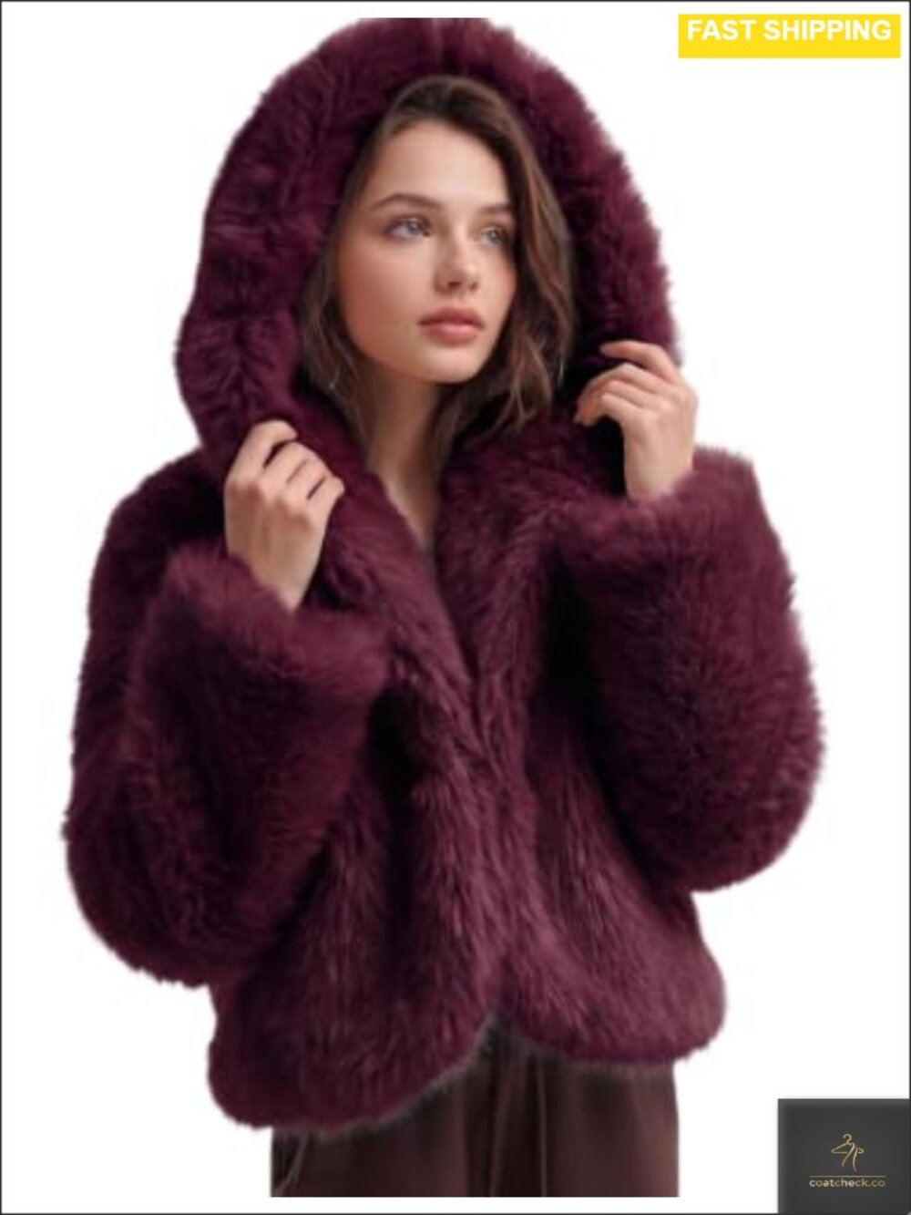 Faux Fur Coat with Hood Cropped Fluffy Winter Shaggy Jacket